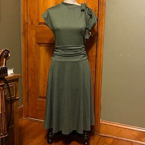 Retrolicious Olive Green Polka Dot Dress with Bow Detail